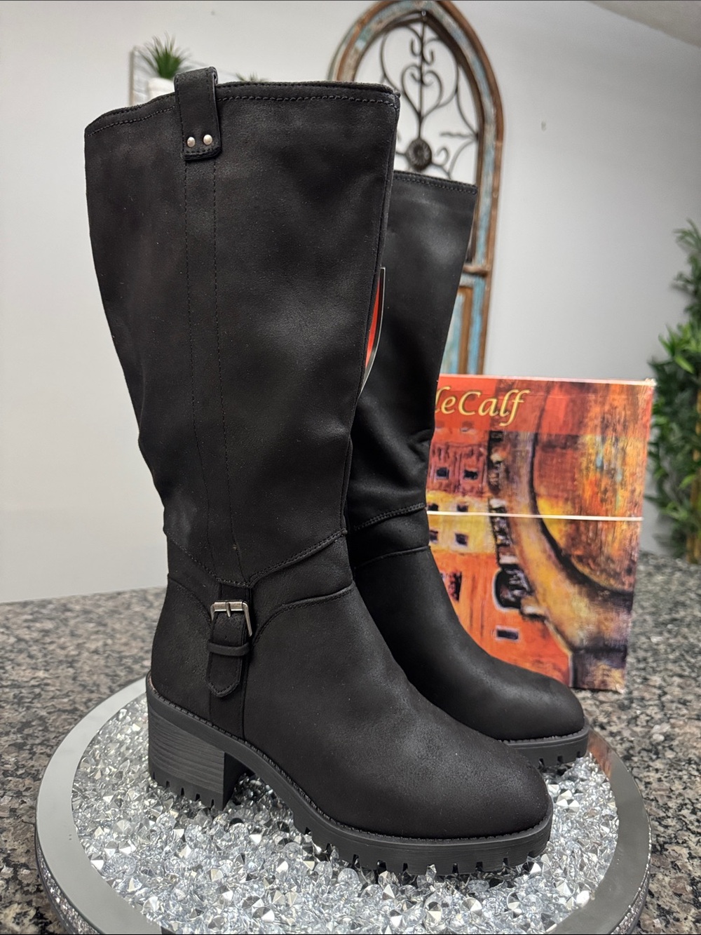 Bella Vita Black Mid-Calf Heeled Lug Sole Boots NEW 8.5 wide calf